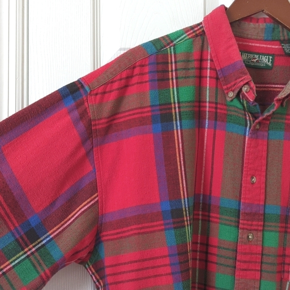 American Eagle 80's Vintage Plaid Flannel Long Sleeve Button Down Shirt Red XL - Picture 3 of 10